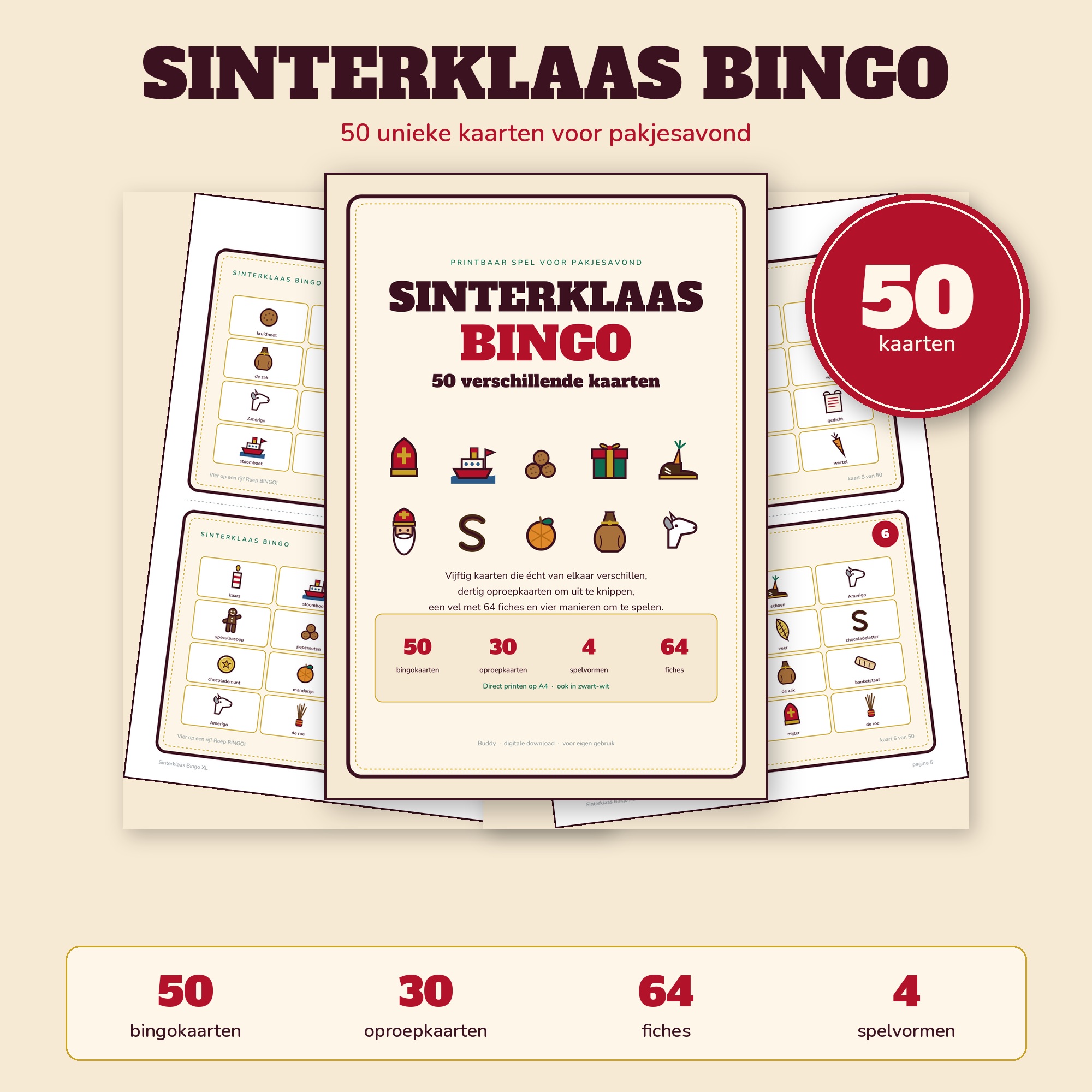 Sinterklaas Bingo — 50 Kaarten voor Pakjesavond