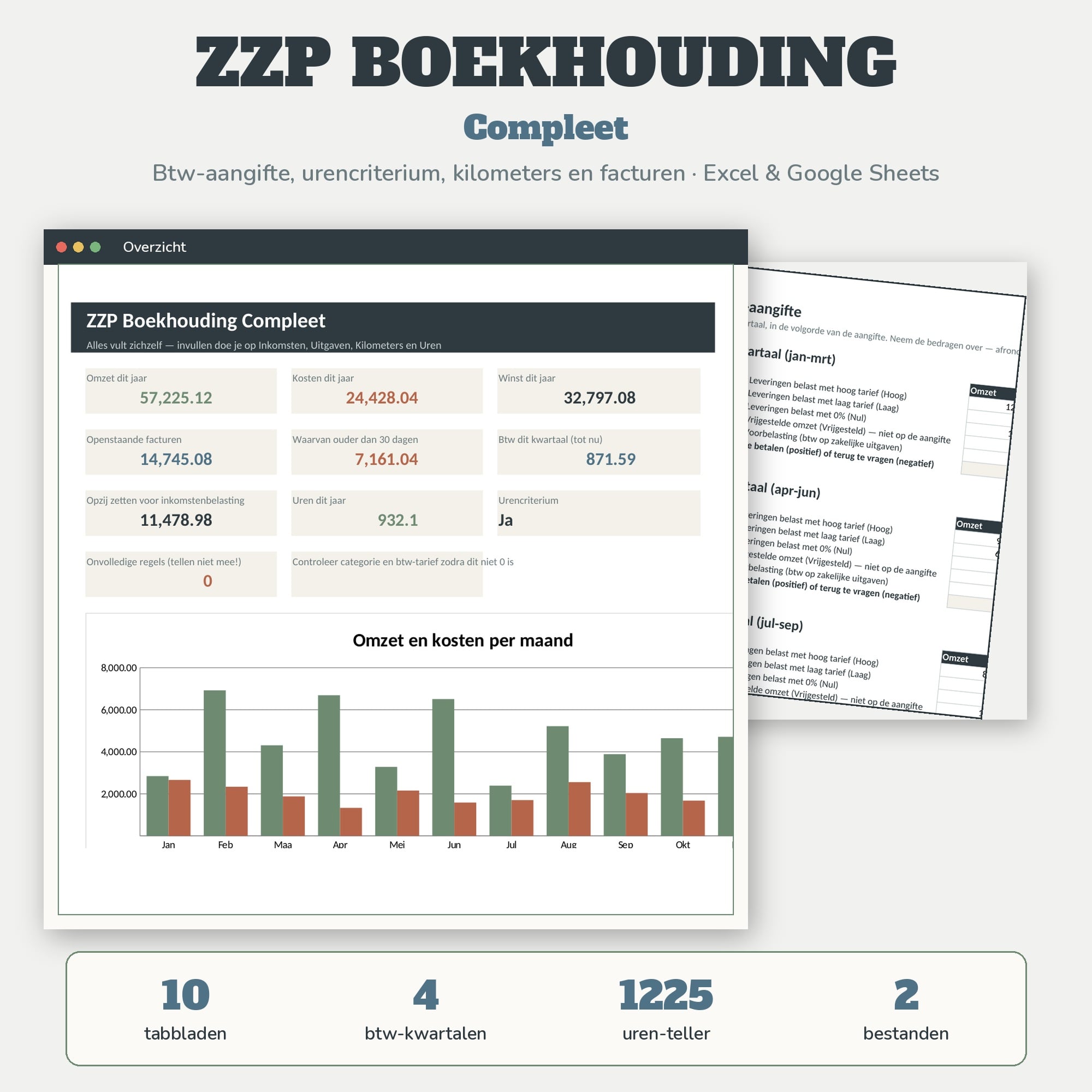 ZZP Boekhouding Excel — Btw-aangifte, Uren & Kilometers